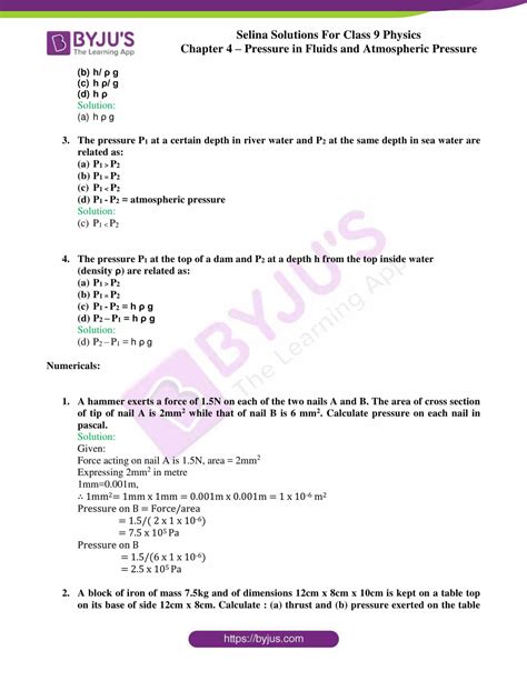 Selina Solutions Class 9 Concise Physics Chapter 4 Pressure In Fluids