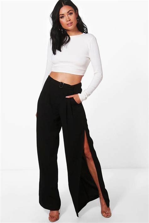 Belted Tailored Wide Leg Split Side Trousers Boohoo Nederland