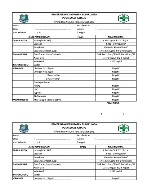 form hasil pemeriksaan lab