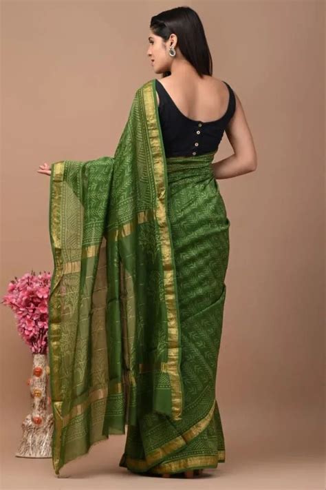 Wedding Wear Hand Block Printed Fastival Maheshwari Silk Saree With