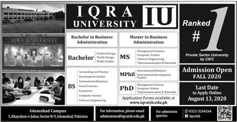 IQRA University BS MS PHD Admission 2020