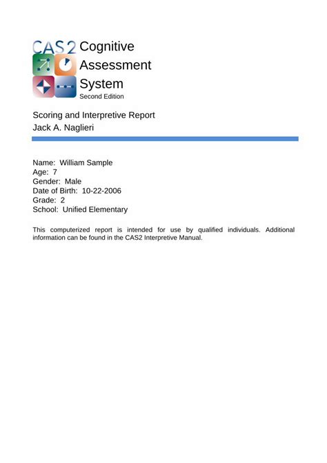 PDF Cognitive Assessment System PRO ED Interpretive Report Sampl