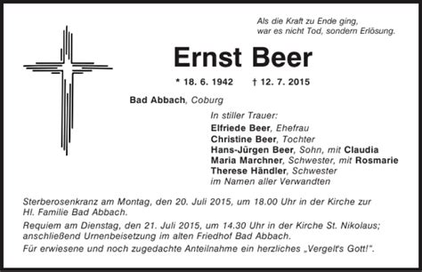 Traueranzeigen Von Ernst Beer Mittelbayerische Trauer