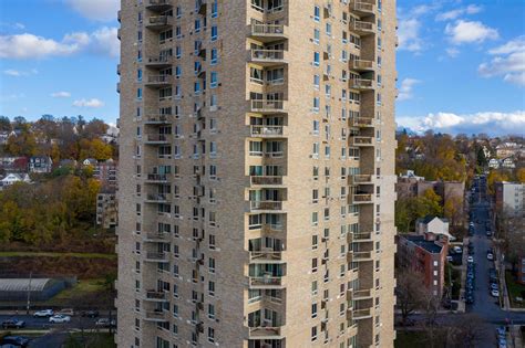 View of a high-rise apartment building in Yonkers, New York, 2022