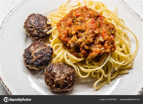 Bolognese Spaghetti With Meatballs Bolognaise Tomato Sauce Stock