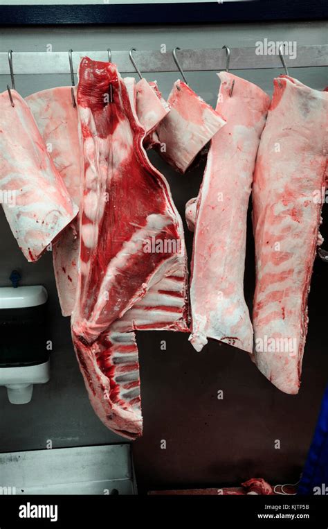 Meat Hanging In Butchers Stock Photo Alamy