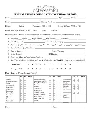 Fillable Online PHYSICAL THERAPY INITIAL PATIENT QUESTIONAIRE FORM