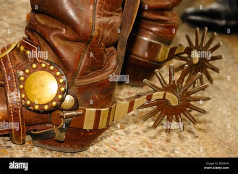 Western Style Cowboy Spurs On Boots In Fort Worth Texas Stock Photo