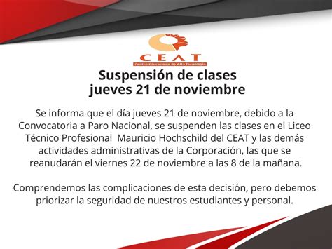 21 de noviembre Suspensión de clases CORPORACIÓN CEAT