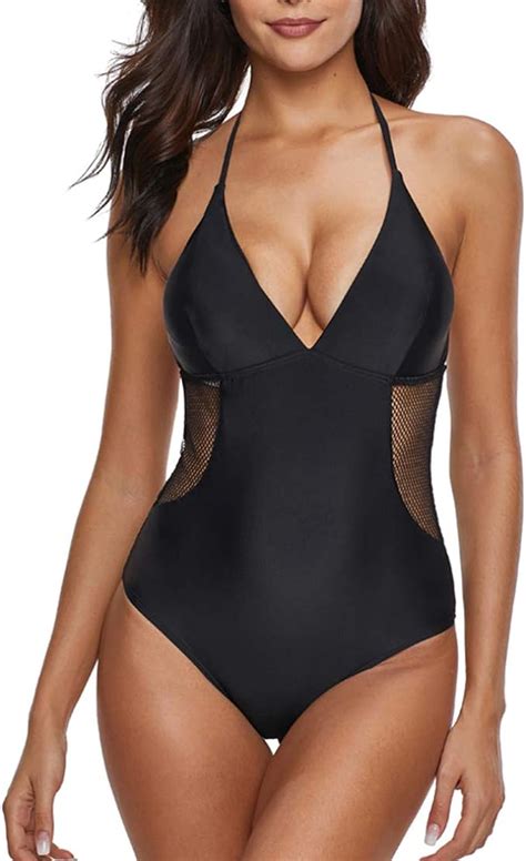 Yefree Sexy tiefem V Ausschnitt der Frauen einteiliger offener rückseitiger Bikini schwarzer