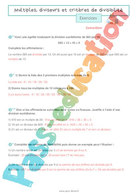 Multiples diviseurs et critères de divisibilité Exercices de 6ème