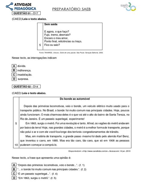 Atividades Saeb 9 Ano Português - Simulado 02 (SAEB) Português - 9º Ano | PDF | Dormir | Adolescência