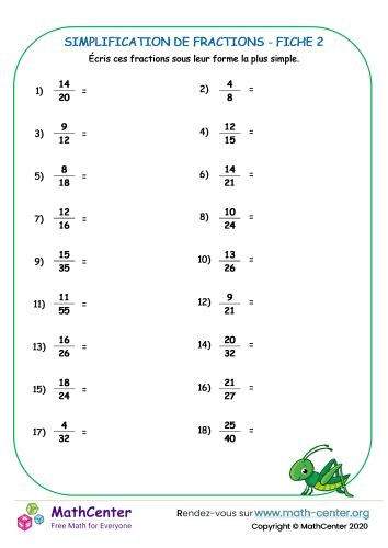 CM1 Fiches De Travail Simplifier Les Fractions Math Center