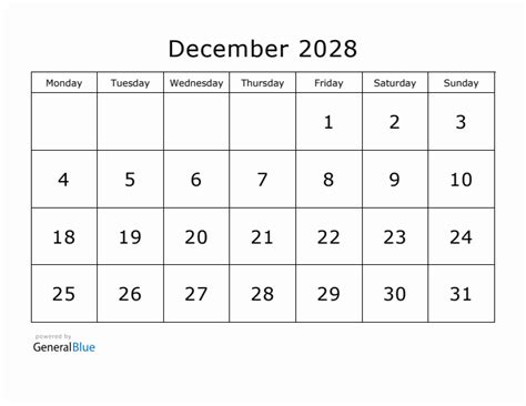 Printable December 2028 Calendar