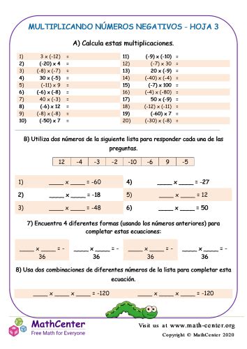 Multiplicando N Meros Negativos Hoja Hojas De Trabajo Math Center