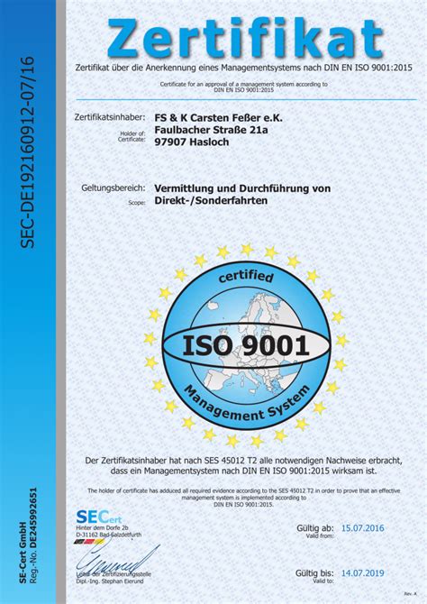 Zertifizierung Nach DIN EN ISO 9001 2015 FS K Transporte E K