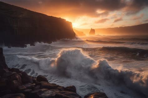 Dramatic Sunset Over Towering Cliffs With Waves Crashing Against The