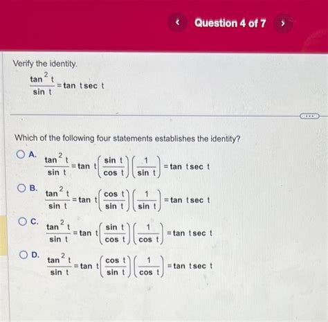 Solved Verify The Identity Sinttan2t Tantsect Which Of The Chegg