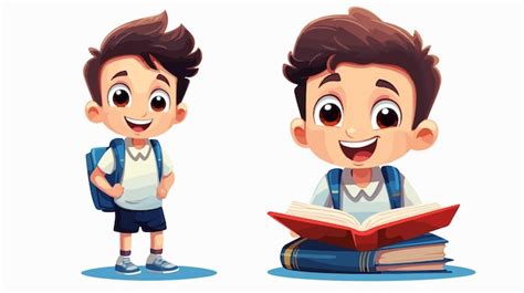 Happy Cute Kid At School With Book And Pencil Cartoon Premium AI