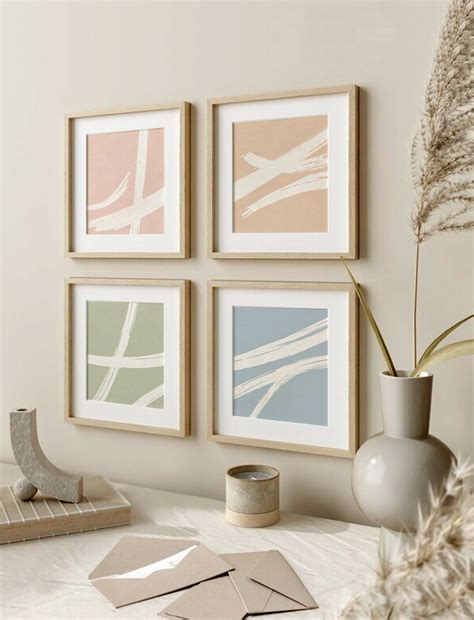Modern Square Print Set of 4, Pastel Wall Art, Abstract Wall Art Prints