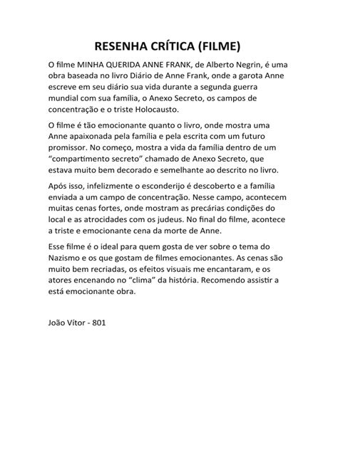 Resenha Critica Sobre O Filme - Resenha Crítica: Minha Querida Anne Frank | PDF | Clássicos