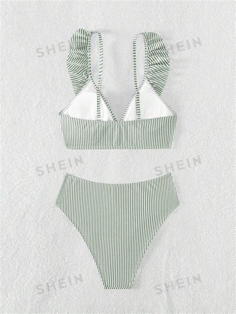 SHEIN Swim Chicsea Striped Ruffle Trim Bikini Swimsuit SHEIN UK