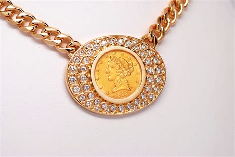 14k Yellow Gold Diamond & $5 Gold Liberty Coin Pendant W/ Curb Necklace ...