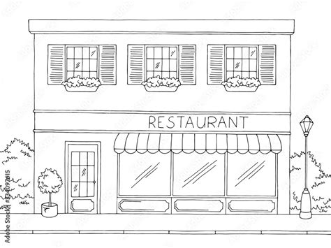 Restaurant Exterior Graphic Black White Sketch Illustration Vector