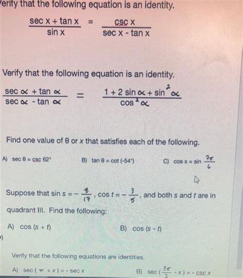 Solved Verify That The Following Equation Is An Identity Chegg