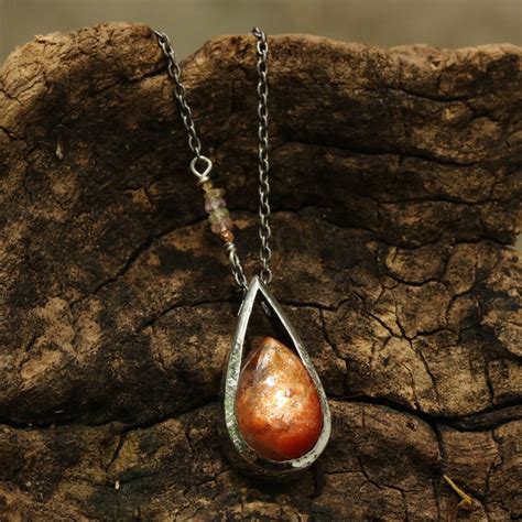 Silver Teardrop Pendant With Teardrop Cabochon Sunstone Gemstone Set In