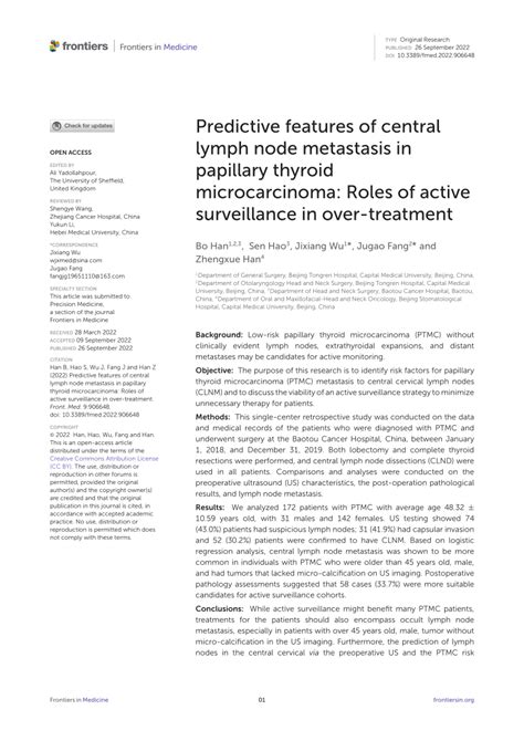 Pdf Predictive Features Of Central Lymph Node Metastasis In Papillary