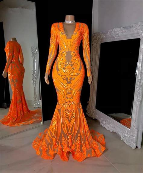 Orange Sequins V Neck Appliques Lace Floor Length Long Sleeve Mermaid