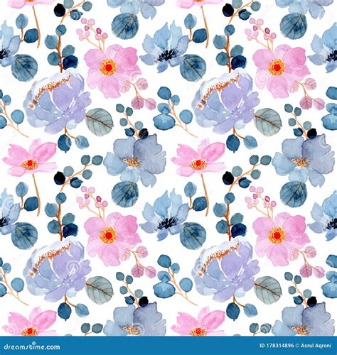 Blue Purple Floral Watercolor Seamless Pattern Stock Illustration