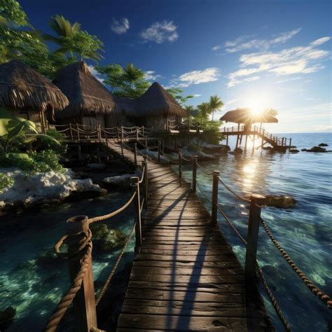 Premium Ai Image Wooden Bridge Leading To A Tropical Hut In The Jungle