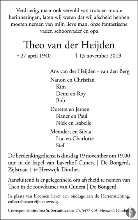 Theo Van Der Heijden Overlijdensbericht En Condoleances