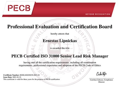 E Lipnickas Received PECB Certified ISO 31000 Senior Lead Risk Manager