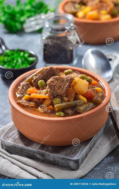 Vegetable Beef Stew With Potato Green Beans Carrot Peas And Corn In