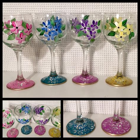 Painted Wine Glass Set Of 4 Daisy Wine Glasses Hand Painted Etsy Painted Wine Glasses