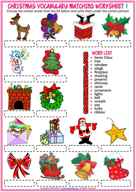 Christmas Vocabulary Matching Exercise Worksheets