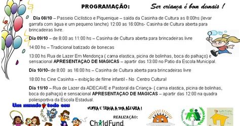 Programação Para A Semana Da Criança Na Escola Em Relação Crianças