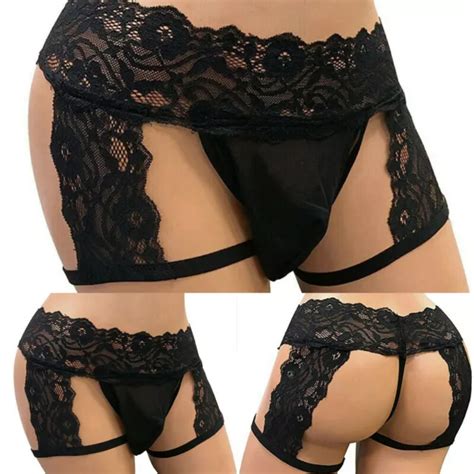 Sexy Homme Lingerie Dentelle Ouvert Fesses Bikini Sissy String Sous