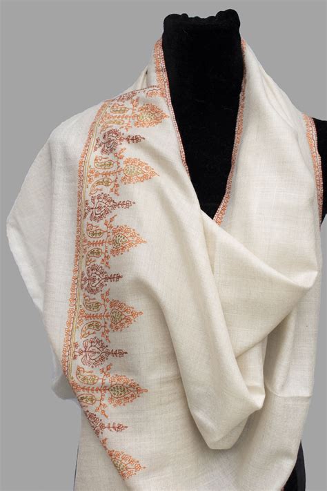 White Beautifully Hand Embroided Pure Cashmere Pashmina Scarf Wrap