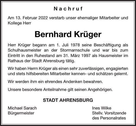 Bernhard Kr Ger Gedenken Stormarner Tageblatt