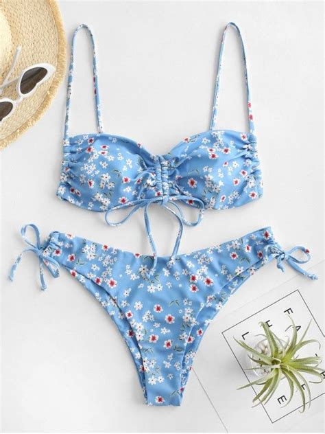 Off Zaful Ditsy Floral Cinched Tie Bikini Swimwear In Light