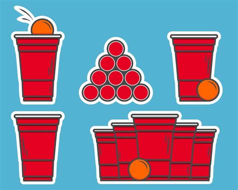 Red Beer Pong Stickers Plastic Cup And Ball With Splashing Beer