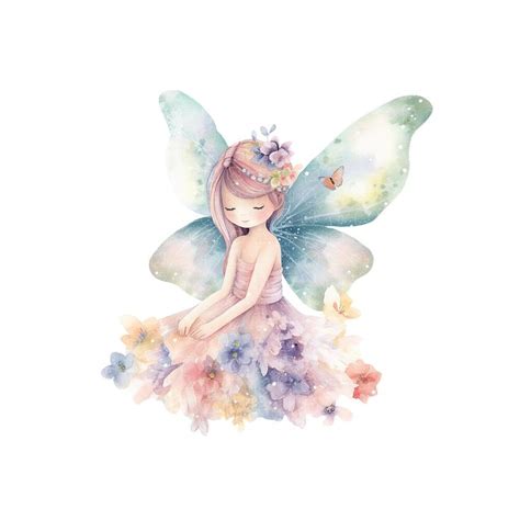 A Watercolor Painting Of A Fairy Sitting On The Ground With Flowers In