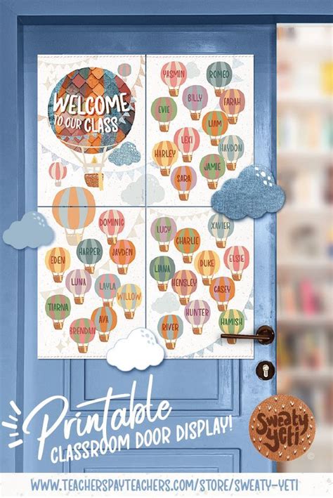Hot Air Balloon Theme Classroom Door Decor Boho Welcome Display Posters EDITABLE Hot Air