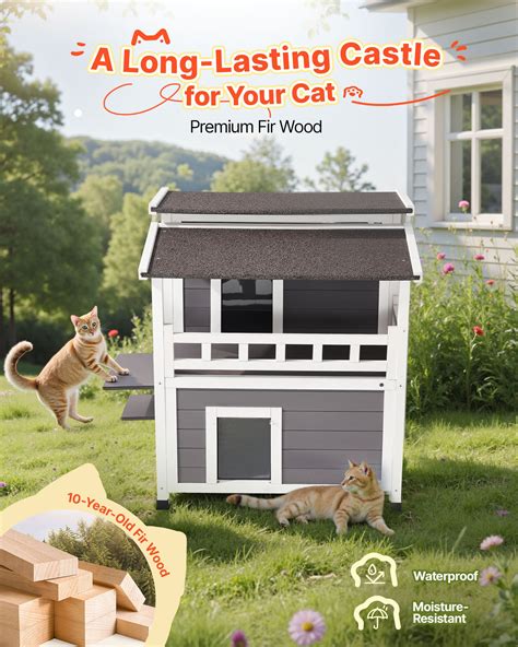 VEVOR Insulated Cat House, 2-Story Wooden Cat Shelter, Foam Insulation