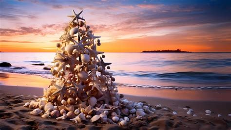 Premium Ai Image Twilight Sea Shells Christmas Tree On The Beach