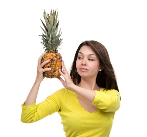 Caucasian Woman Hold Pineapple Fruit Smiling Healthy And Joyful Stock